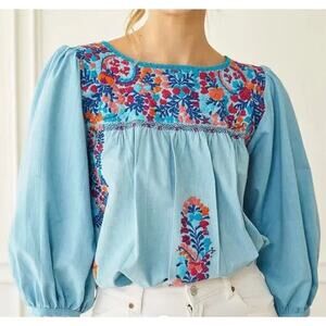 NWT Mi Golondrina Catalina Turquesa Vibrante Blue Floral Embroidered Blouse XS